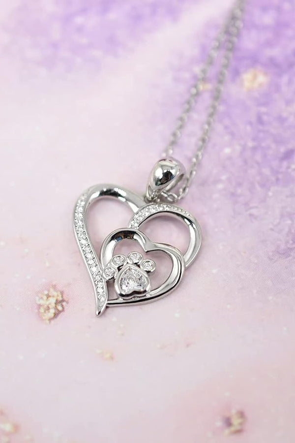 Zirconia-Embellished Sterling Silver Paw and Heart Necklace