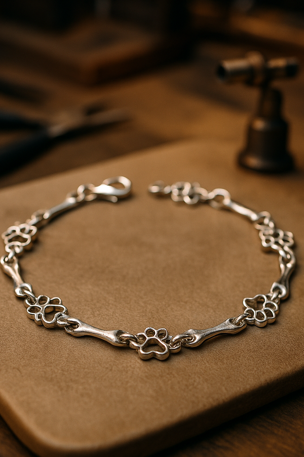 Exclusive Pure Silver Bracelet with Dog Paw and Bone Charms