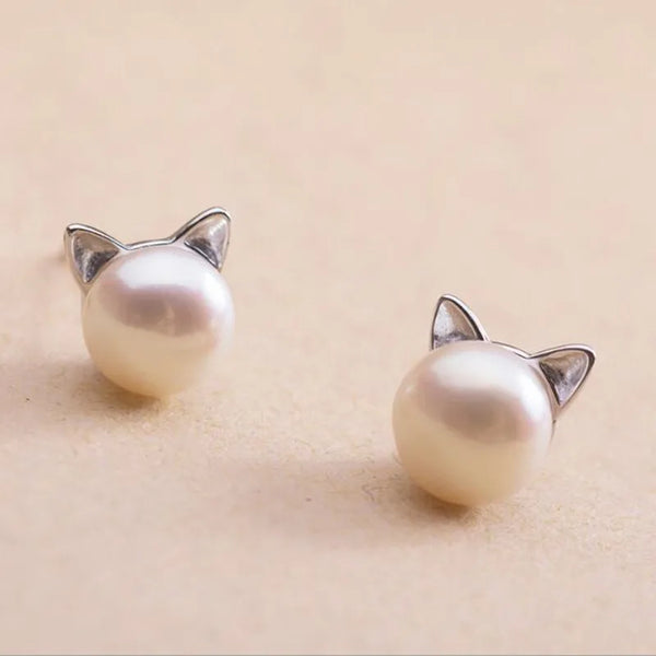 Sterling Silver Cat-Themed Pearl Stud Earrings