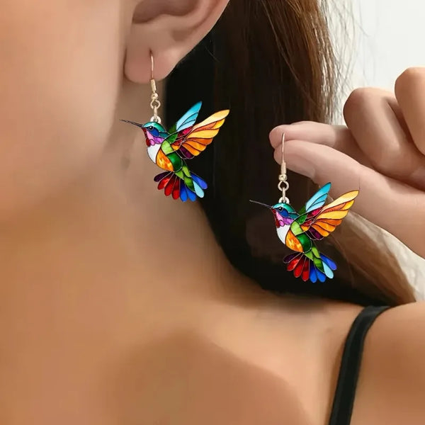 Colorful Acrylic Hummingbird Dangle Earrings – Vibrant 2D Bird Design