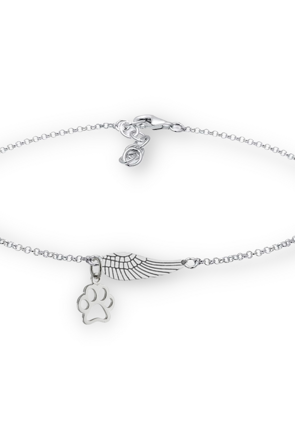 Handcrafted Silver Memorial Bracelet with Angel Wing and Paw Print Design
