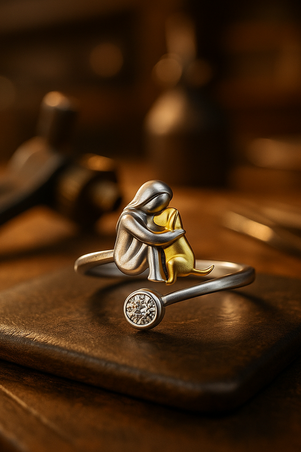 Handcrafted Adjustable Silver Dog Ring with Zirconia