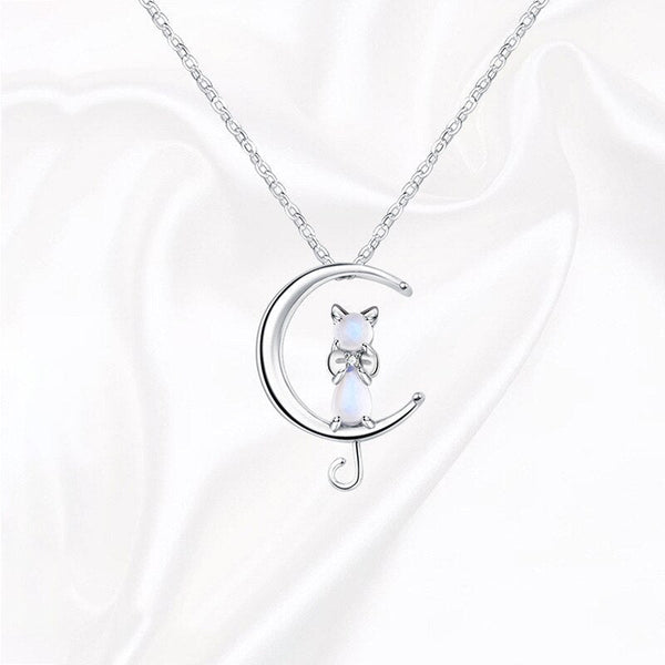 Crescent Moon and Cat Pendant Necklace with Moonstone