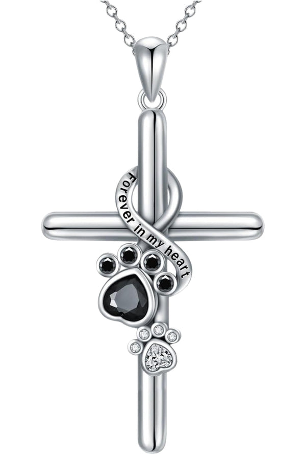 Silver Paw Print and Cross Pendant Necklace
