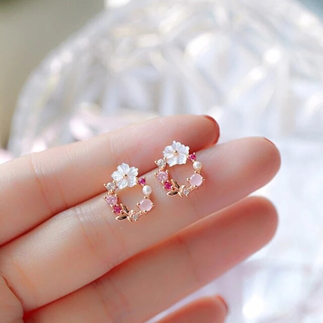 Rose Gold Floral Earrings Adorned with Pearls and Zirconia