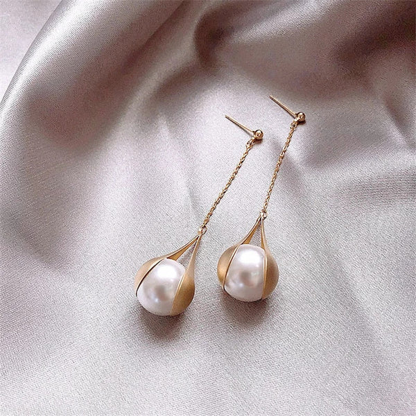 Gold Pearl Pendant Earrings