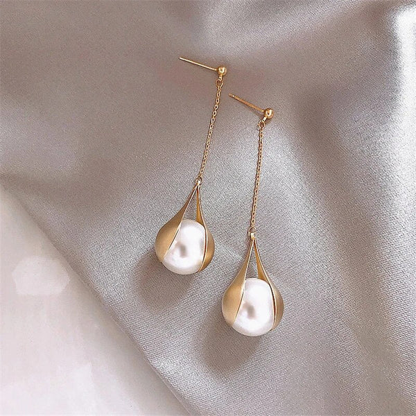 Gold Pearl Pendant Earrings