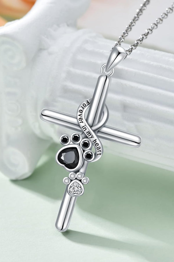 Silver Paw Print and Cross Pendant Necklace