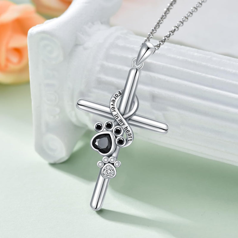 Silver Paw Print and Cross Pendant Necklace