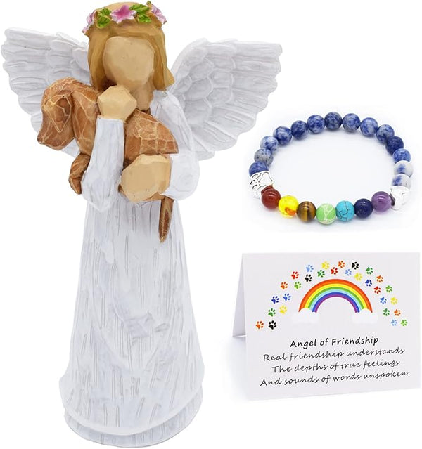 Dog Memorial Gift Set: Angel of Friendship Figurine & Rainbow Bridge Chakra Bracelet