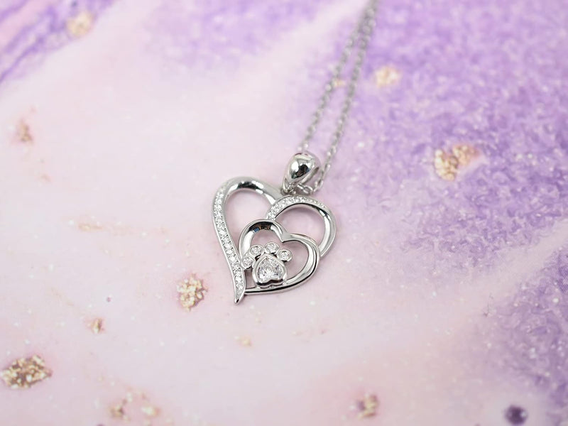 Zirconia-Embellished Sterling Silver Paw and Heart Necklace