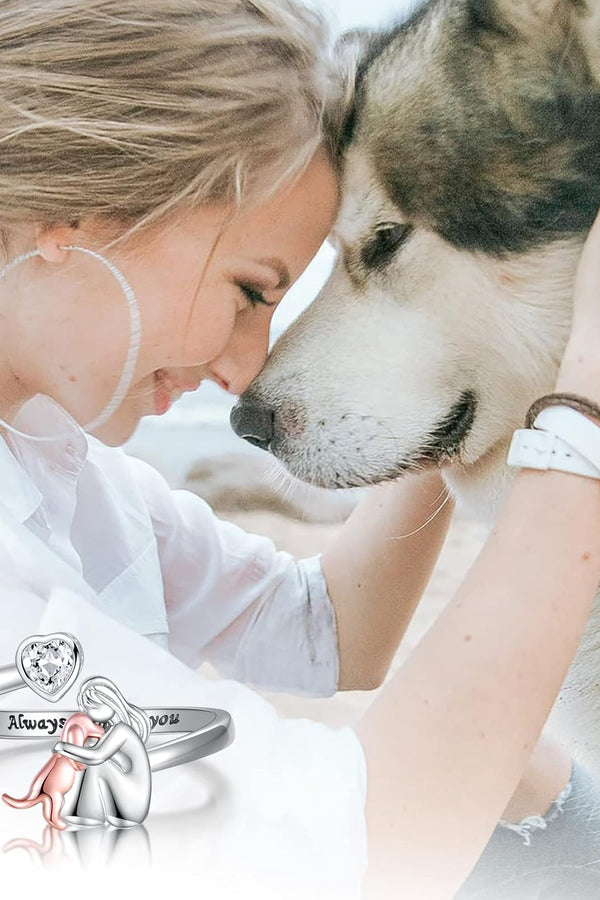 Silver Adjustable Dog Ring – 'Always in My Heart' with Zirconia Accents