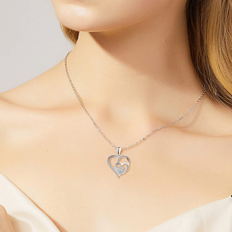 Zirconia-Embellished Sterling Silver Paw and Heart Necklace