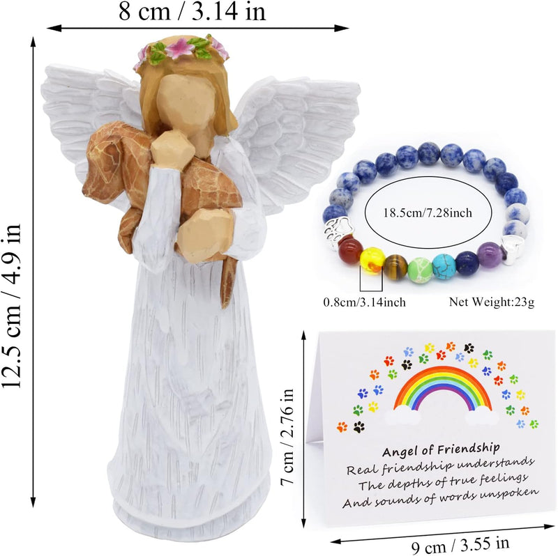 Dog Memorial Gift Set: Angel of Friendship Figurine & Rainbow Bridge Chakra Bracelet