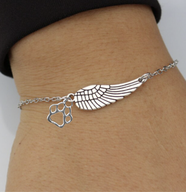 Handcrafted Silver Memorial Bracelet with Angel Wing and Paw Print Design