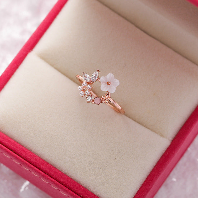 Gold Adjustable Wildflower Ring Adorned with Pearls