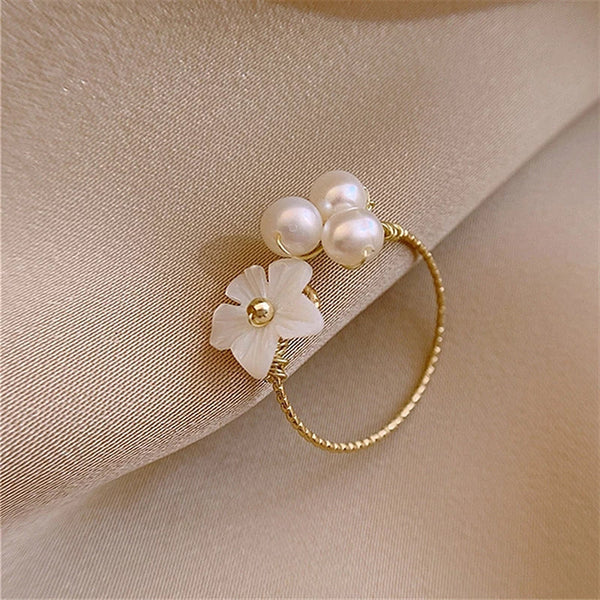 Gold Adjustable White Petal Ring Adorned with Pearls