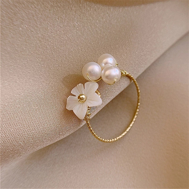 Gold Adjustable White Petal Ring Adorned with Pearls