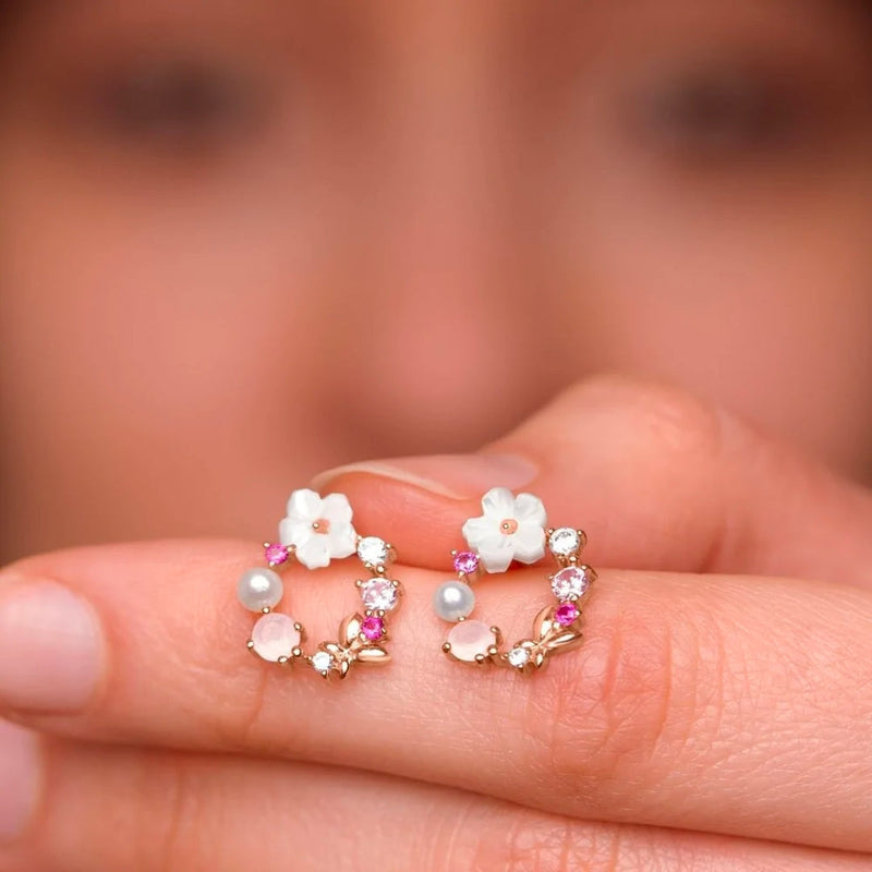 Rose Gold Floral Earrings Adorned with Pearls and Zirconia