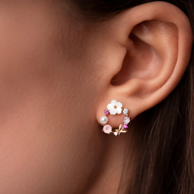 Rose Gold Floral Earrings Adorned with Pearls and Zirconia
