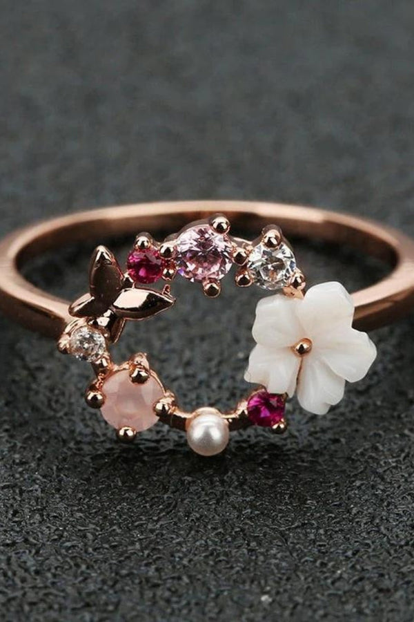 Rose Gold Adjustable Ring with White Petal Design, Pearls, and Zirconia