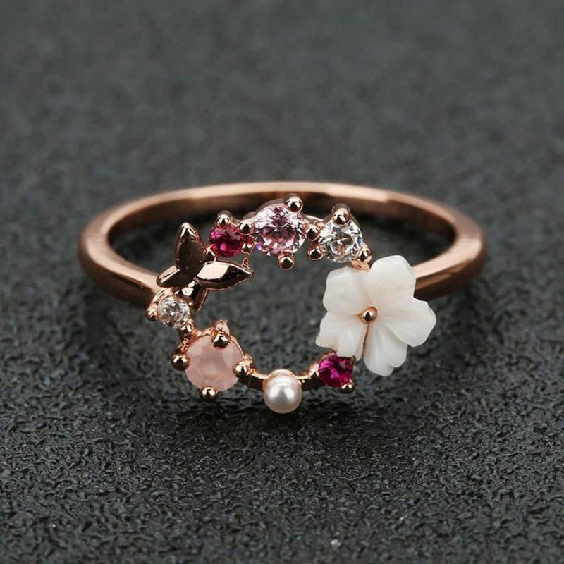 Rose Gold Adjustable Ring with White Petal Design, Pearls, and Zirconia