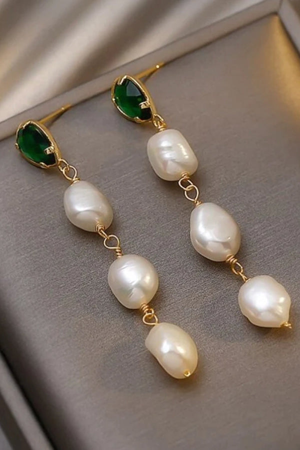 Gold Pearl Pendant Earrings Featuring Emerald Accents