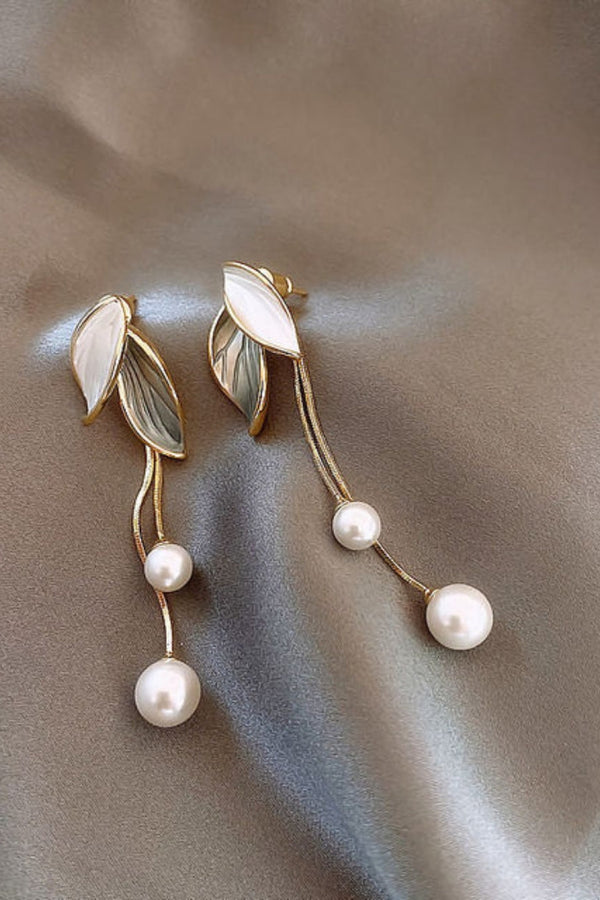 Gold Leaf Pendant Earrings Adorned with Pearls