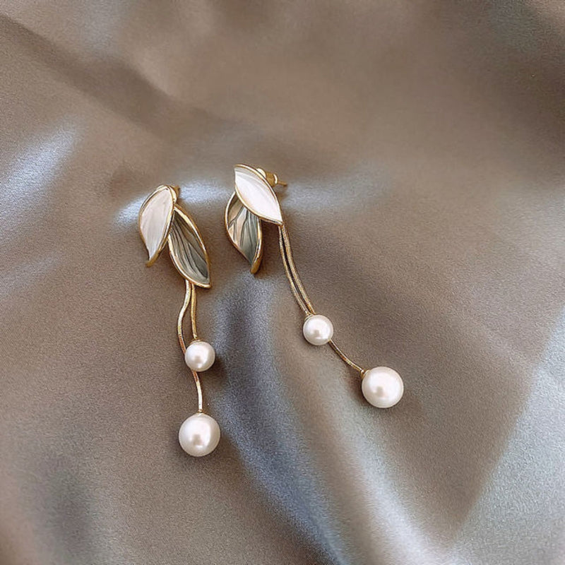 Gold Leaf Pendant Earrings Adorned with Pearls