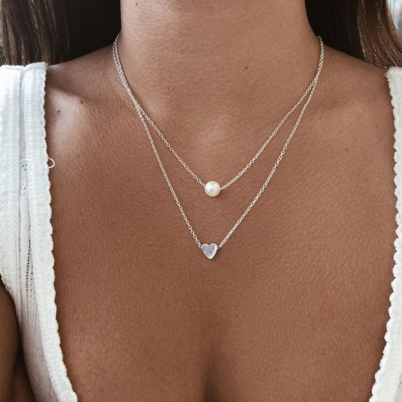 Pearl and Silver Heart Pendant Necklace