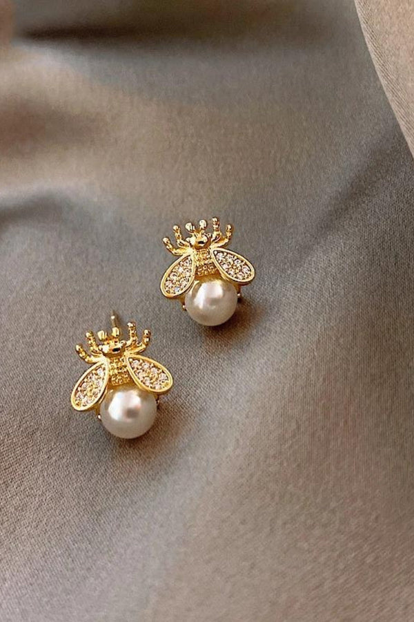 Gold Bee Earrings with Pearl and Zirconia Accents