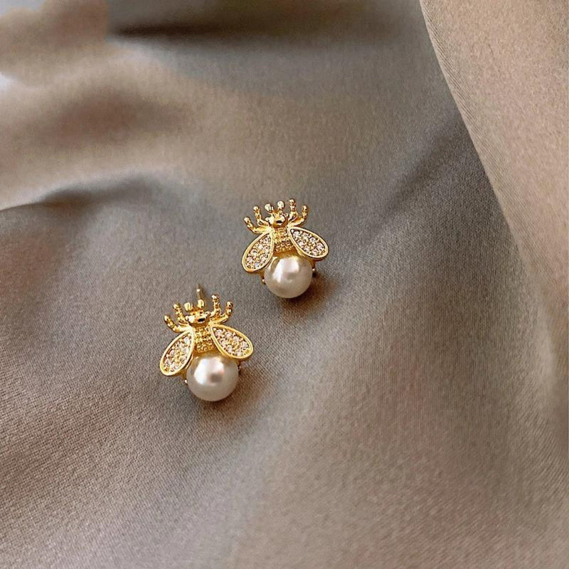 Gold Bee Earrings with Pearl and Zirconia Accents