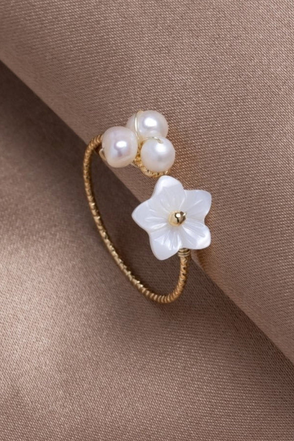 Gold Adjustable White Petal Ring Adorned with Pearls