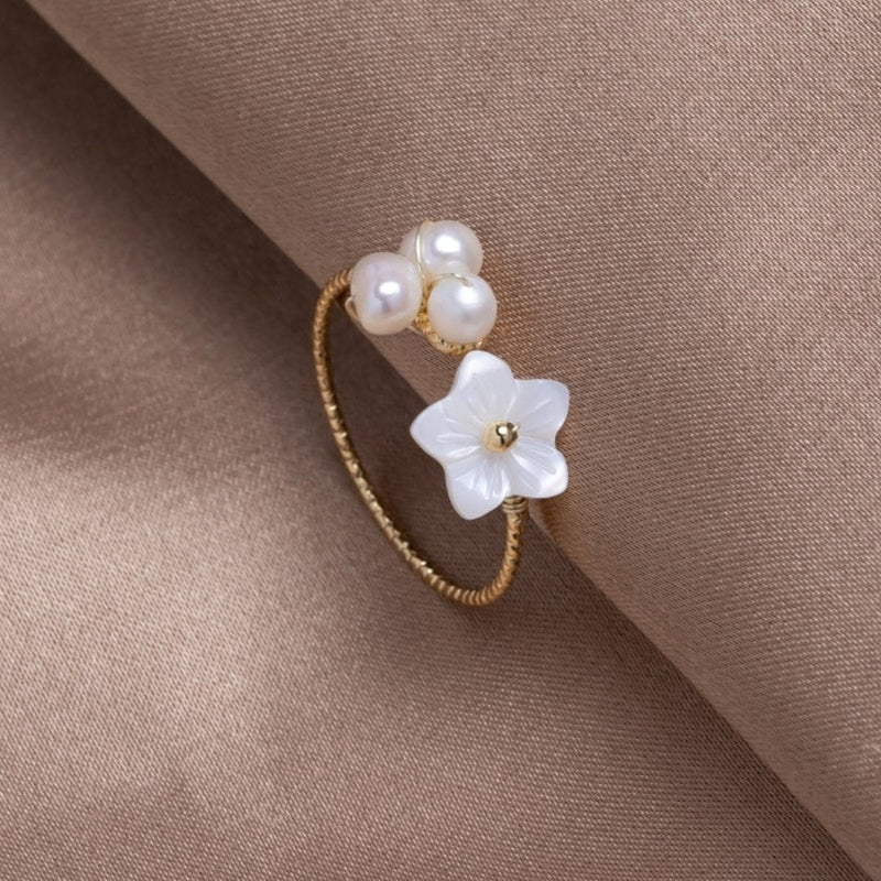 Gold Adjustable White Petal Ring Adorned with Pearls