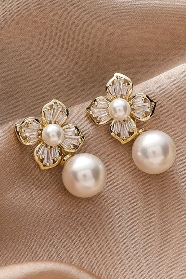 Gold Crystal Flower Earrings Adorned with Pearls