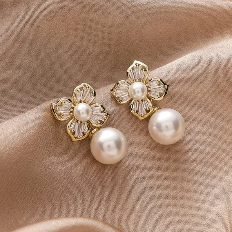 Gold Crystal Flower Earrings Adorned with Pearls