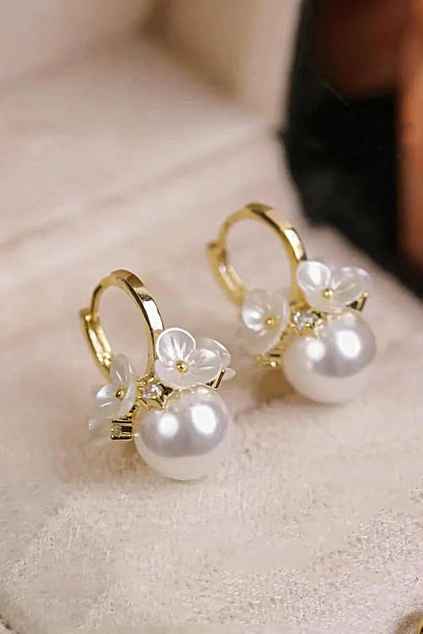 Pearl Earrings with White Blossom Design