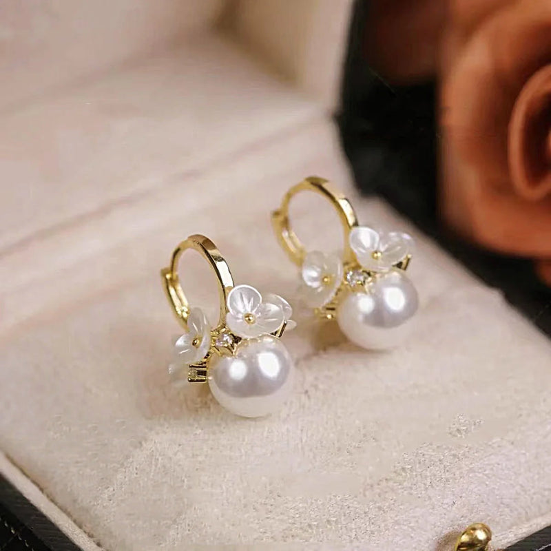 Pearl Earrings with White Blossom Design