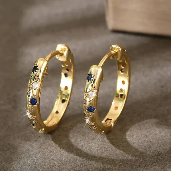 Retro Blue Hoop Earrings with Gold Accents