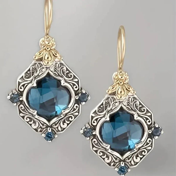 Retro Blue Crystal and Gold Earrings