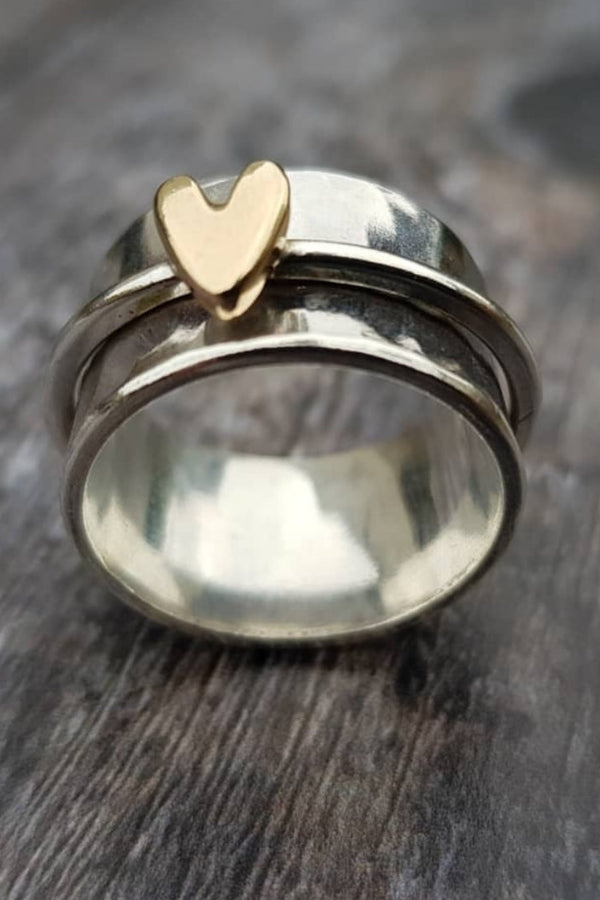 Classic Silver Ring with Vintage Golden Heart