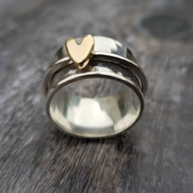 Lena - Retro Silver Ring for Women Featuring a Golden Heart