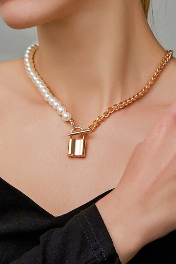 Freshwater Pearl Necklace with a Golden Padlock Charm