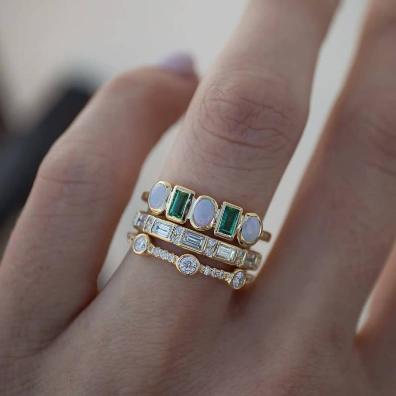 Retro White and Green Opal Rings