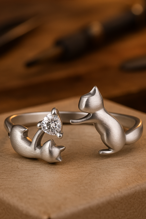 Adjustable Silver Cat Ring with Sparkling Zirconia Accents