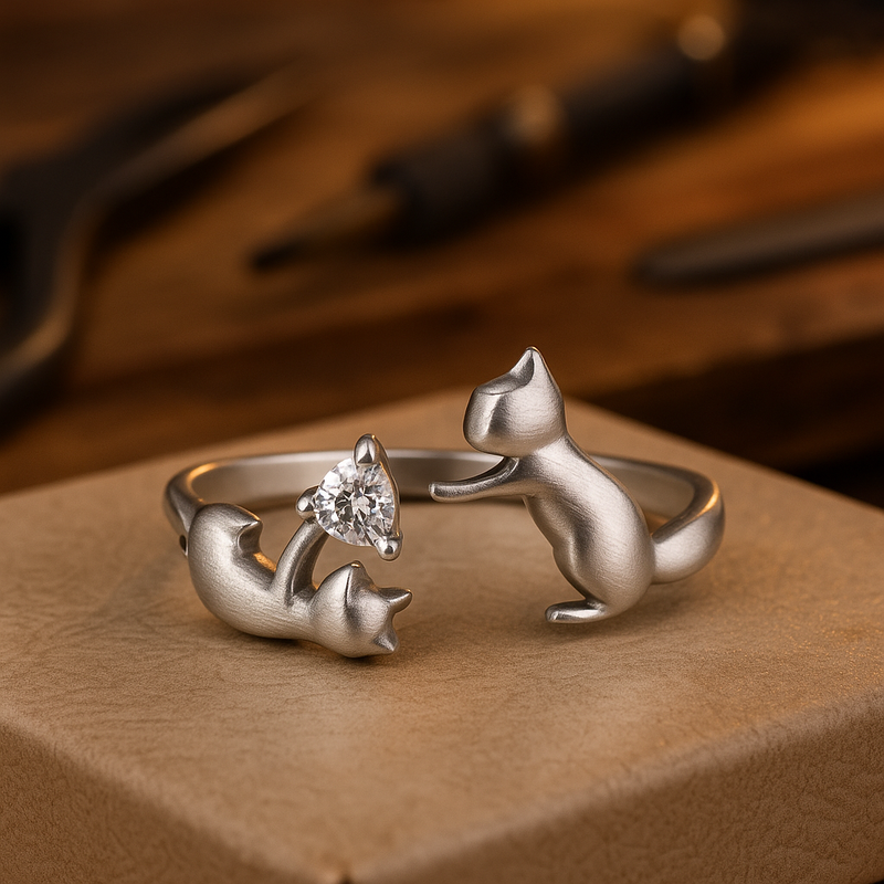 Adjustable Silver Cat Ring with Sparkling Zirconia Accents