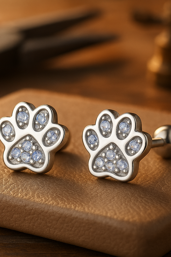 Crystal-Accented Silver Paw Print Stud Earrings