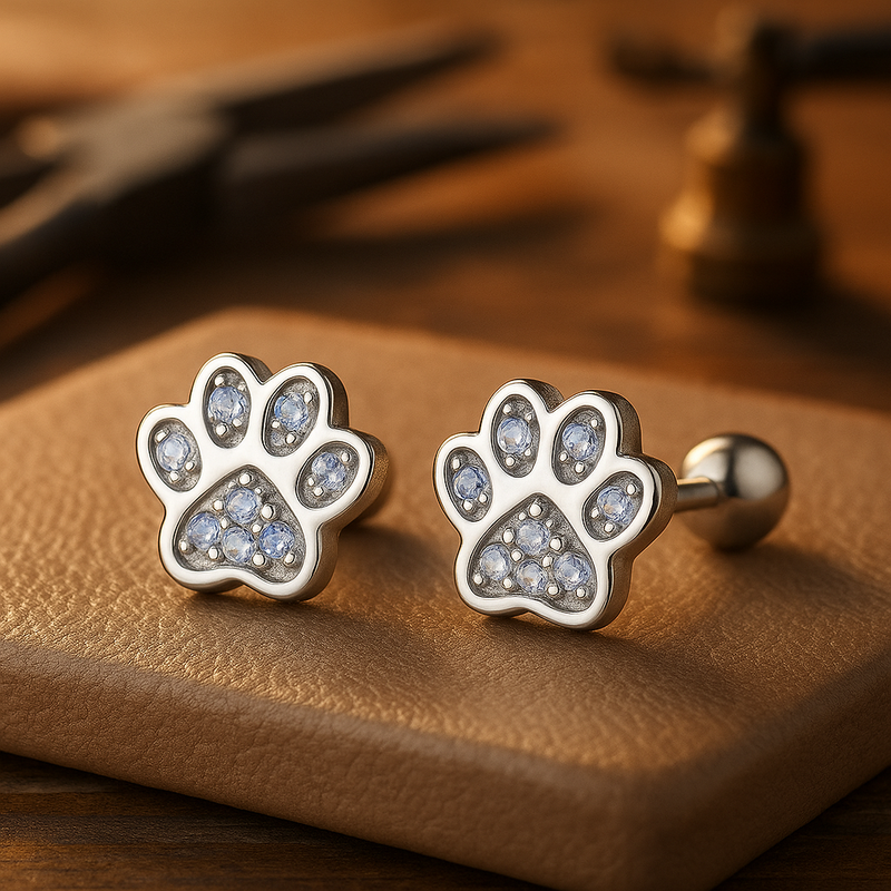 Crystal-Accented Silver Paw Print Stud Earrings