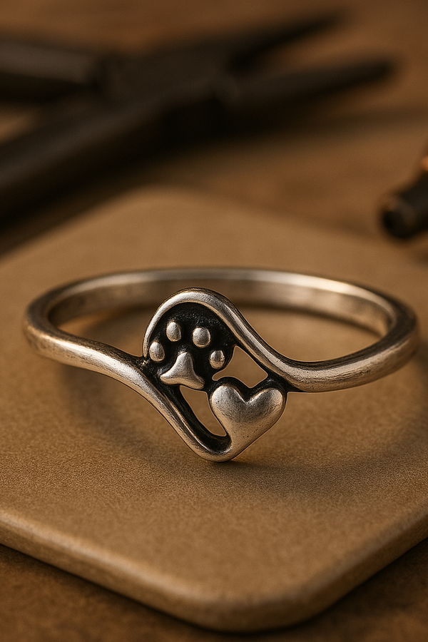 Retro Silver Paw Print and Heart Ring