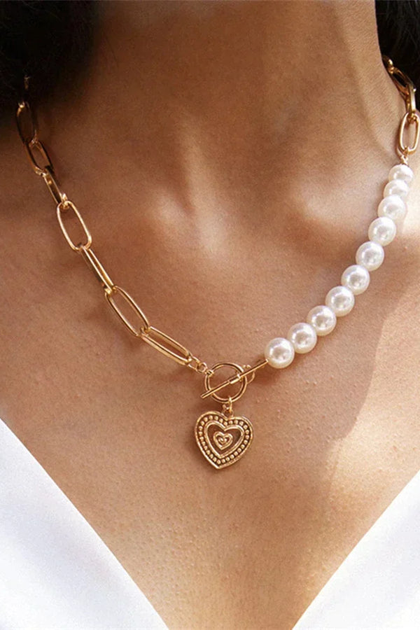 Gold Heart Chain Necklace with Pearl Accents